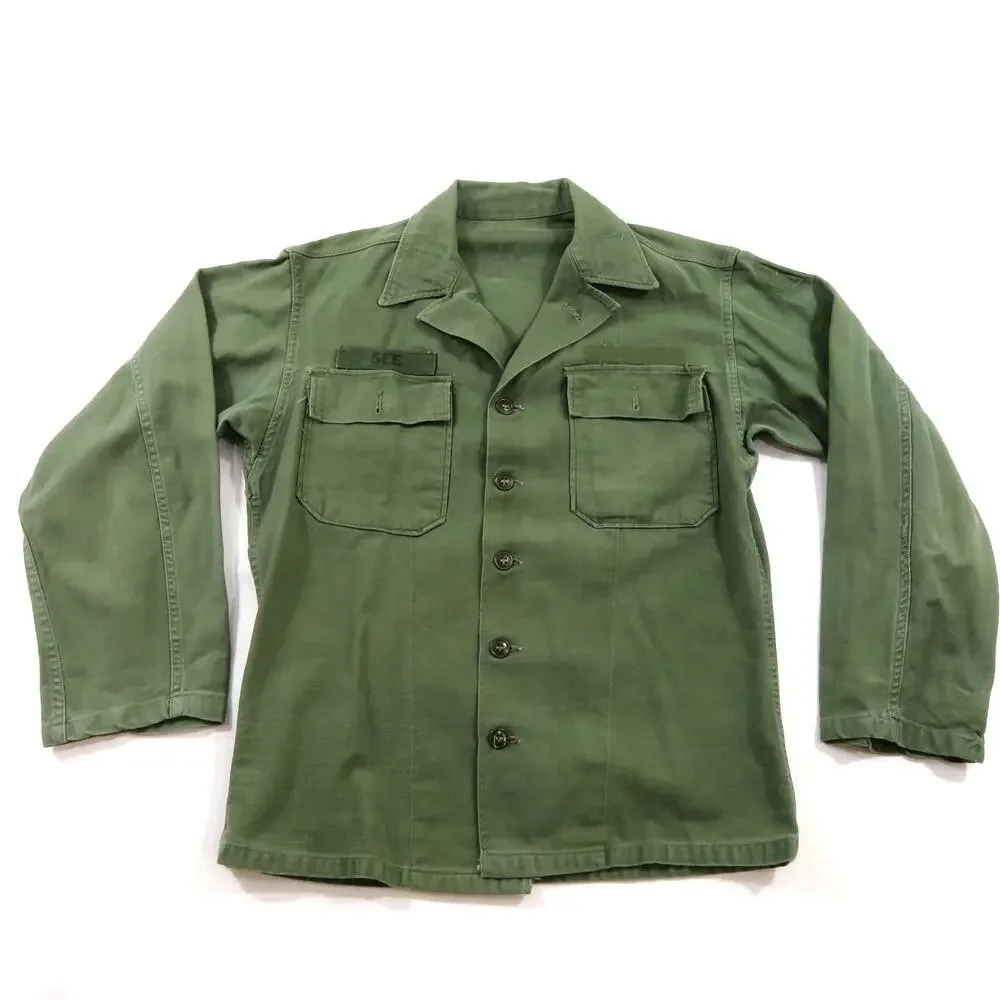 Vietnam Era Cotton Sateen Shirt Military OD Green Button Up Sz S 1st pattern 60s